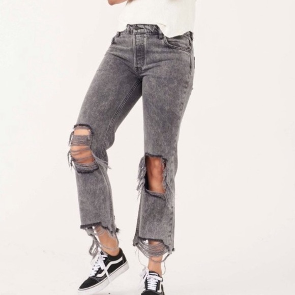 Free People Gray Acid Wash Maggie Distressed Straight Leg Jeans Bottlerocket - Picture 14 of 14